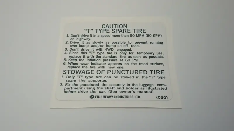 Xt/Alcyone Vortex Type "T" Space Saver Tyre Warning Stowage Sticker (030) 1
