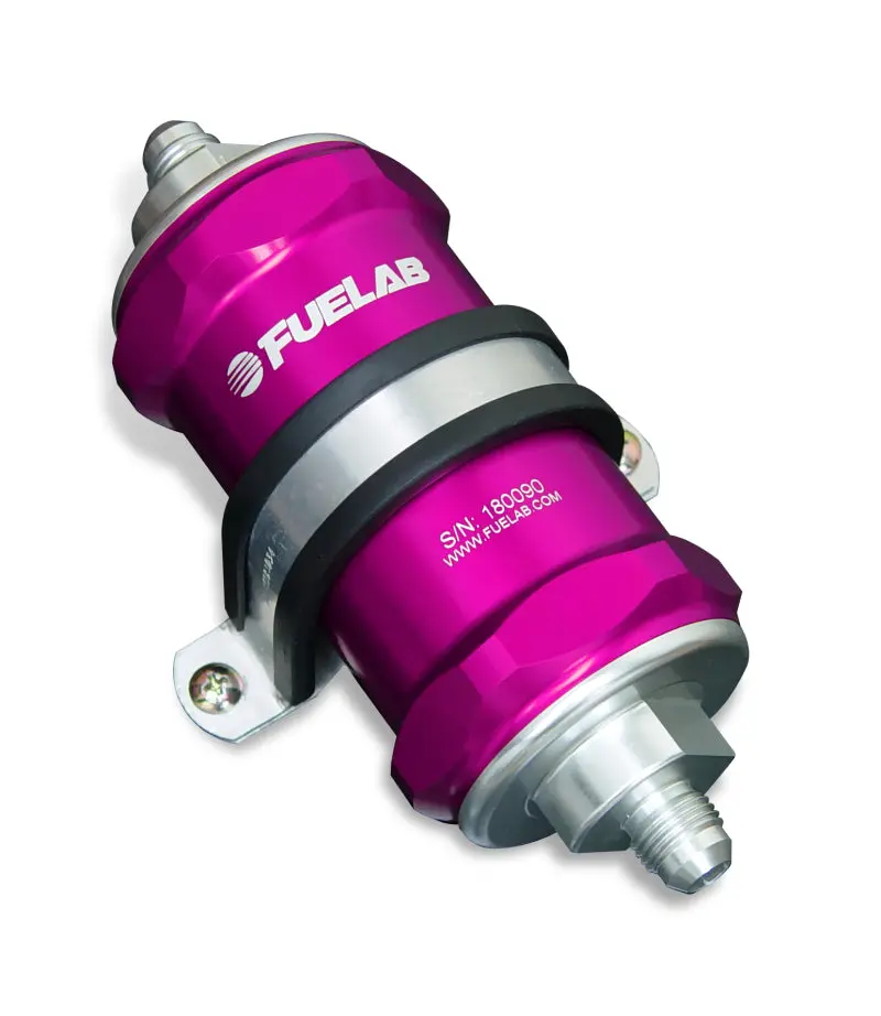 Fuelab 818 Inline Fuel Filter – -8An Fittings, 40-Micron Stainless Steel Element, Purple Housing 1