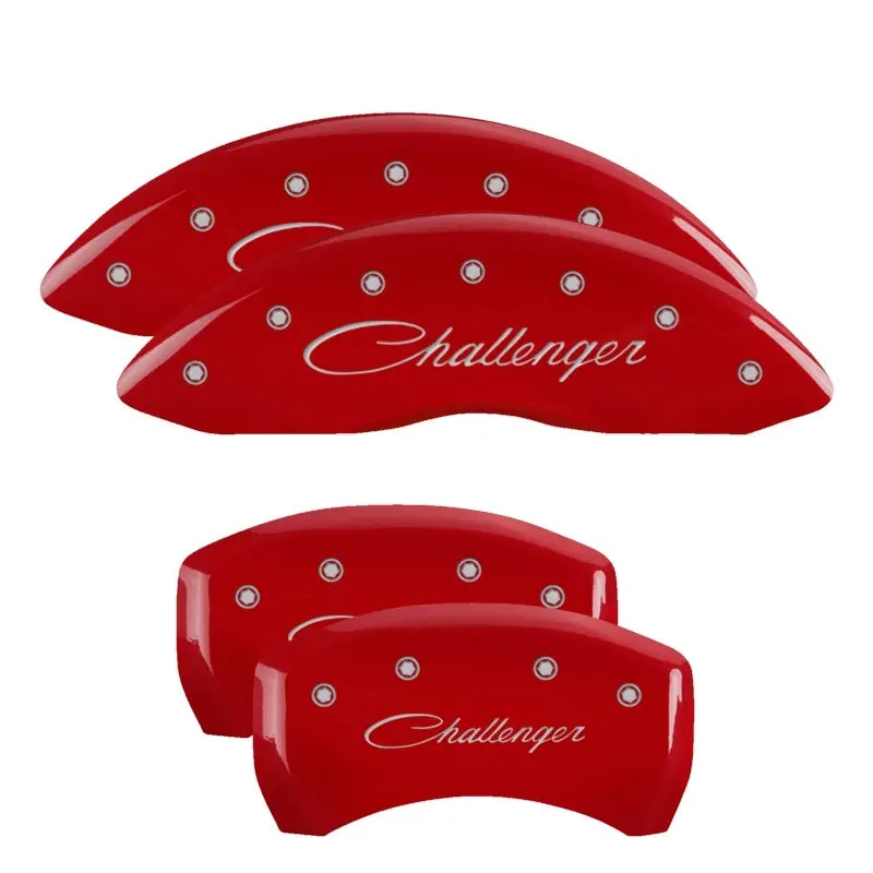 Mgp Engraved 4-Piston Caliper Covers – Front And Rear, Cursive/Challenger Red Finish With Silver Accents 1